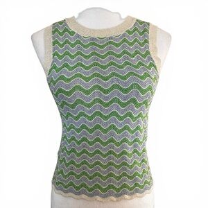 MNG Mango Zigzag Knit Tank Top Large NWT Green Cream Y2K Coastal Chic